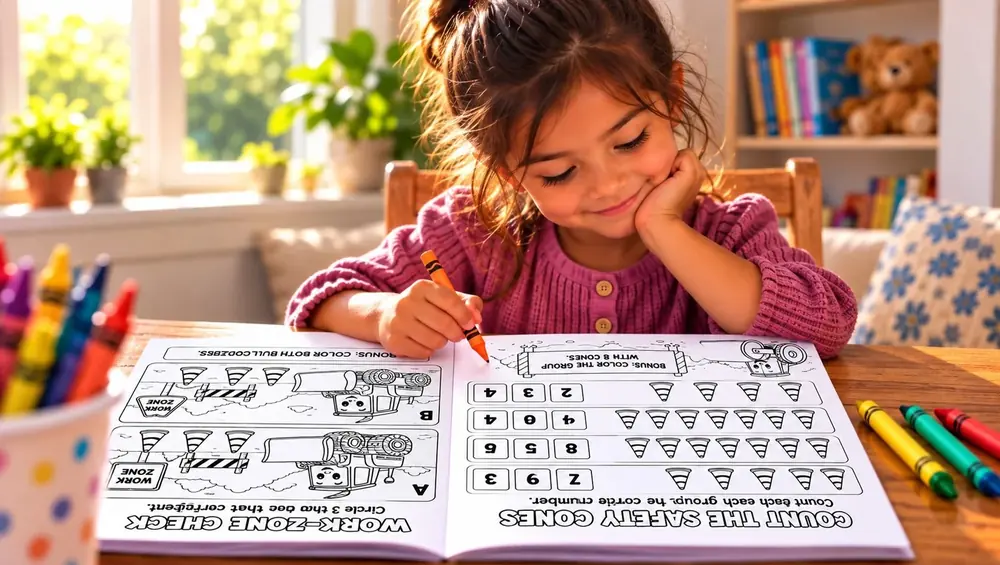 A girl counting traffic cones on a construction activity page